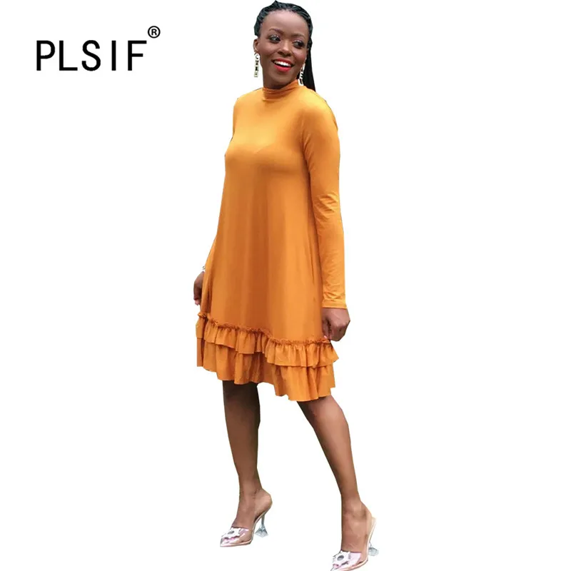 Женское платье с длинным рукавом круглым вырезом и оборками | Женская одежда