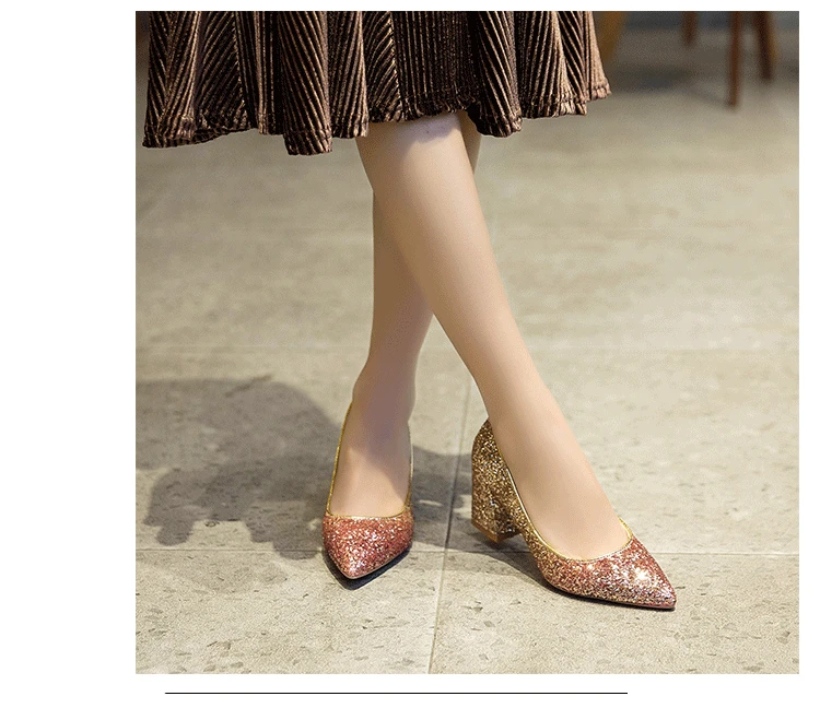 Temperament Elegant Wedding Shoes Pointed Shallow Mouth Thick With Single Shoes Sequins High Heels Party Dress Bridesmaid Shoes