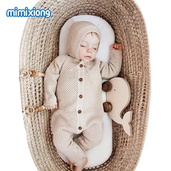 

2020 autumn baby jumpsuit front buckle knitted jumpsuit warm cap newborn cotton thread climbing suit