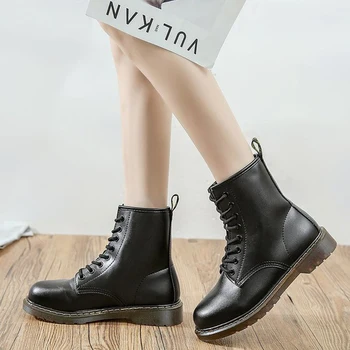 

Women's Leather Ankle Boots 2020 Spring Autumn Short Boots Female Black Flat-bottom Lace-up Fashion Boots