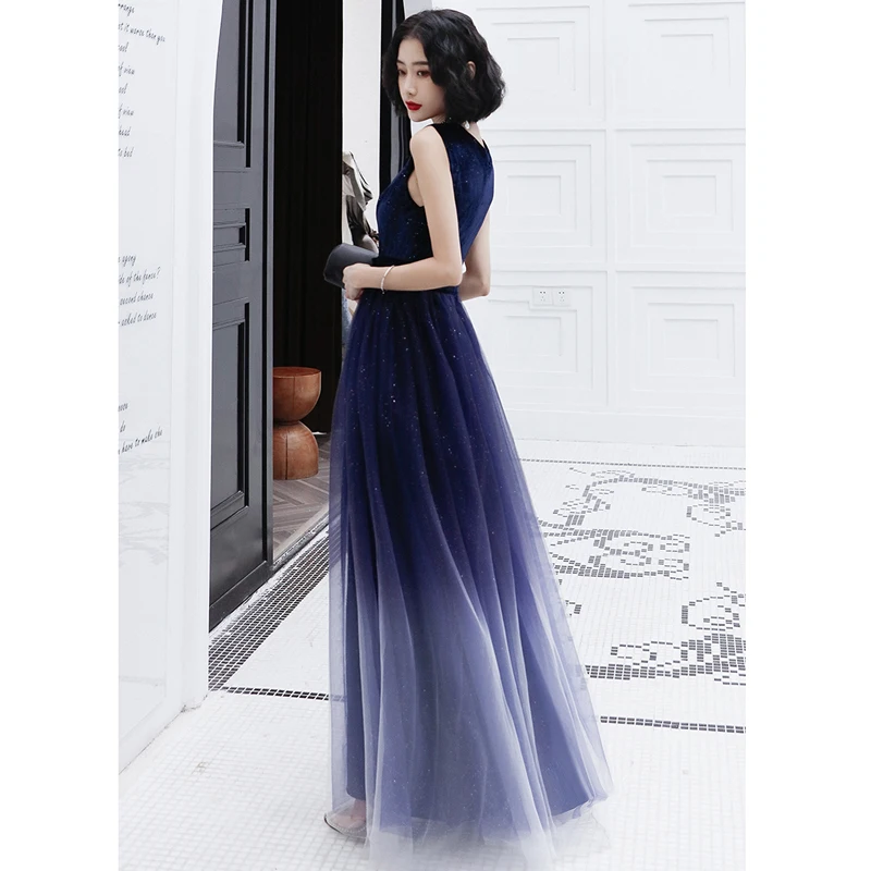 Это Yiiya вечерние платья с v-образным вырезом градиентное синее вечернее платье размера плюс вечерние платья Элегантное Длинное Платье LF080