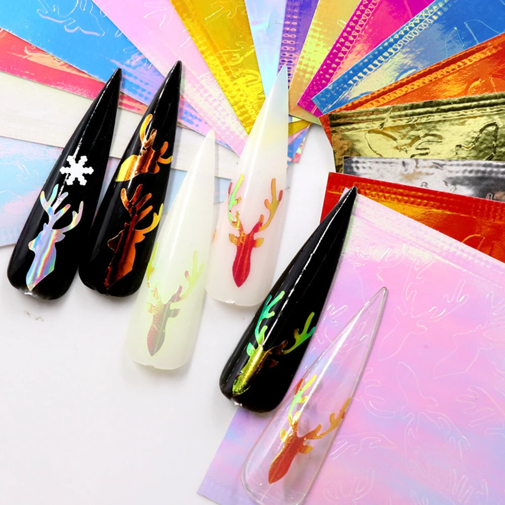 16pcs 3D Nail Sticker Nail Art Christmas Elk Deer Nail Sticker Self Adhesive Flame Nail Applique Colorful Nail Tips
