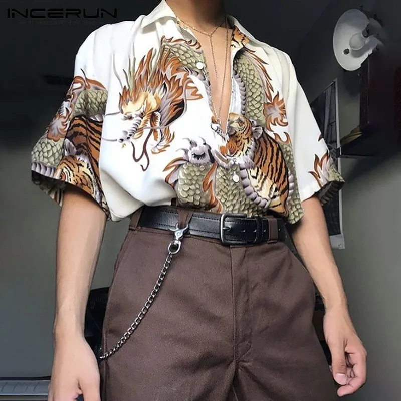 Men Shirts Blouse Short-Sleeve Button Dragon Printed INCERUN Vintage Fashion Man Neck