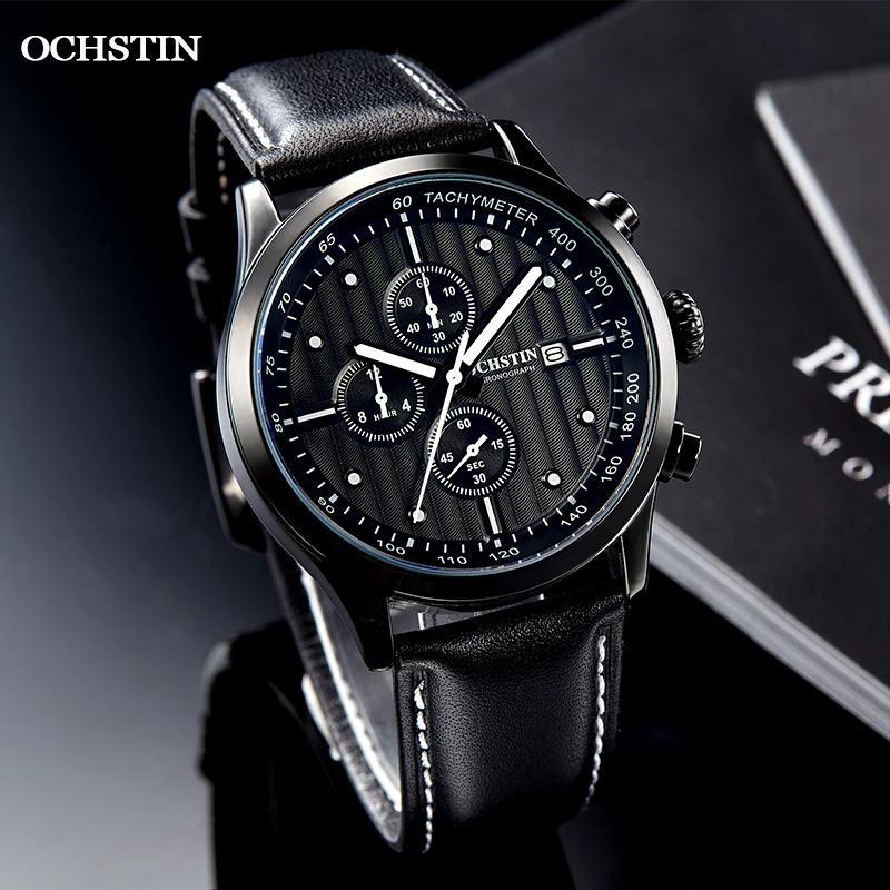 OCHSTIN Fashion Mens Sport Watches Silver White Top Brand Luxury Casual Chronograph Quartz Leather Wrist Watch 2020 New Clock