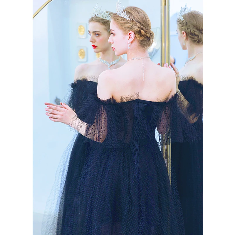 It's Yiiya Evening Dress Black Elegant Sexy Off Shoulder Floor Length Dresses Black Ruffles Party Formal Dresses E918