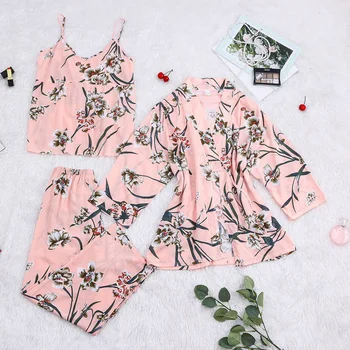 

Autumn Women Print Pijamas Set Three Pieces Set Sleeveless Camisole Sleep Tops Robe Loose Elastic Waist Pants Women Homewear