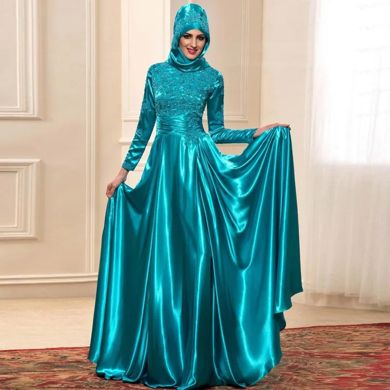 Vestidos De Fiesta Elegantes Saudi Arabia Новинка аппликация длинный рукав бирюзовый зеленый 2 шт платок Дубай мусульманское вечернее платье - Цвет: same pic