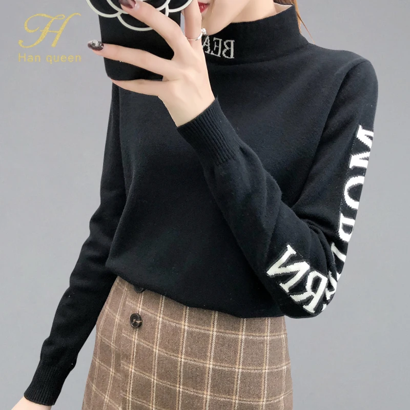 

H han queen Autumn Korean Turtleneck Sweater Womens Long Sleeve Letter knitted Pullover Woman Loose Elasticity Casual Clothes