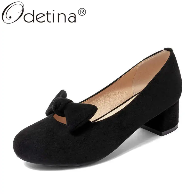 

Odetina Women Fashion Faux Suede Round Toe Retro Party Shoes Ladies New Slip On Bow Non-slip Block Mid Heel Sweet Casual Shoes