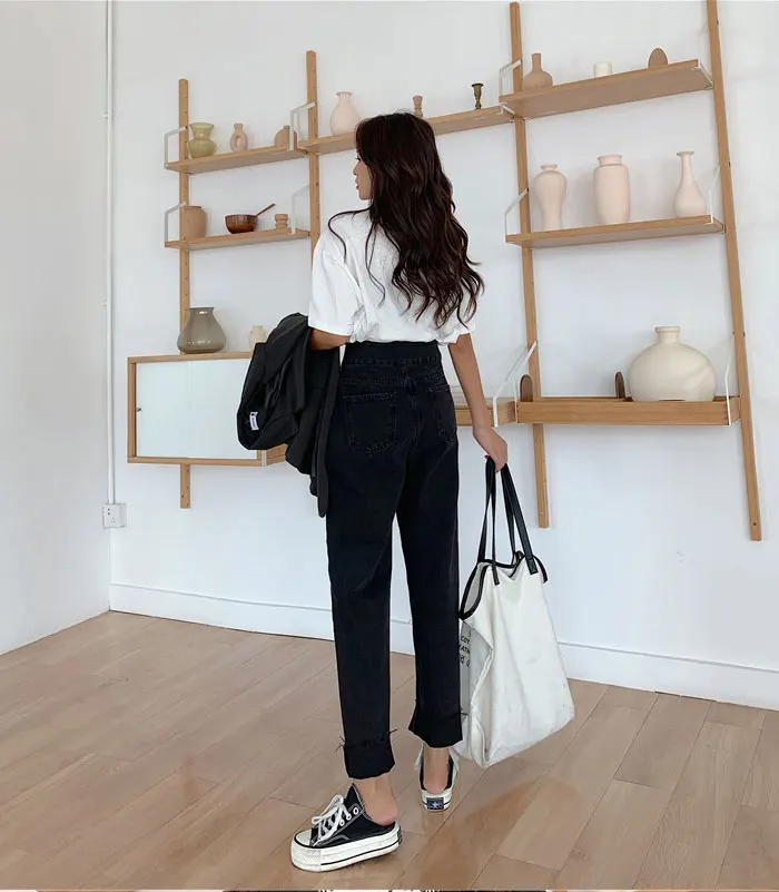 Loose Jeans Woman New Fashionthin Solid Color Big Buckle Straight Pants Wool Side Jeans Long Pants Women High Waist Woman