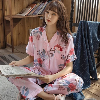 

Cotton Silk Pajamas Female Short-Sleeved Trousers Summer Cardigan Suit Thin Section Loose Air-Conditioned Women Cotton Sleepwear
