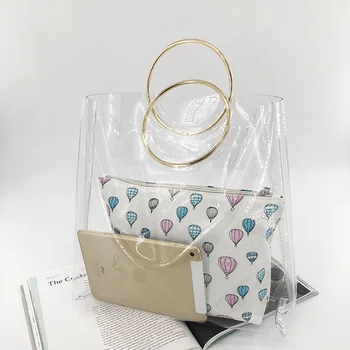 

2 Pcs Bohemian Beach Bags Women Transparent Bag PVC Clear Ladies Plastic Handbags Metal Wristlet Large Tote PVC Jelly Bag Hot