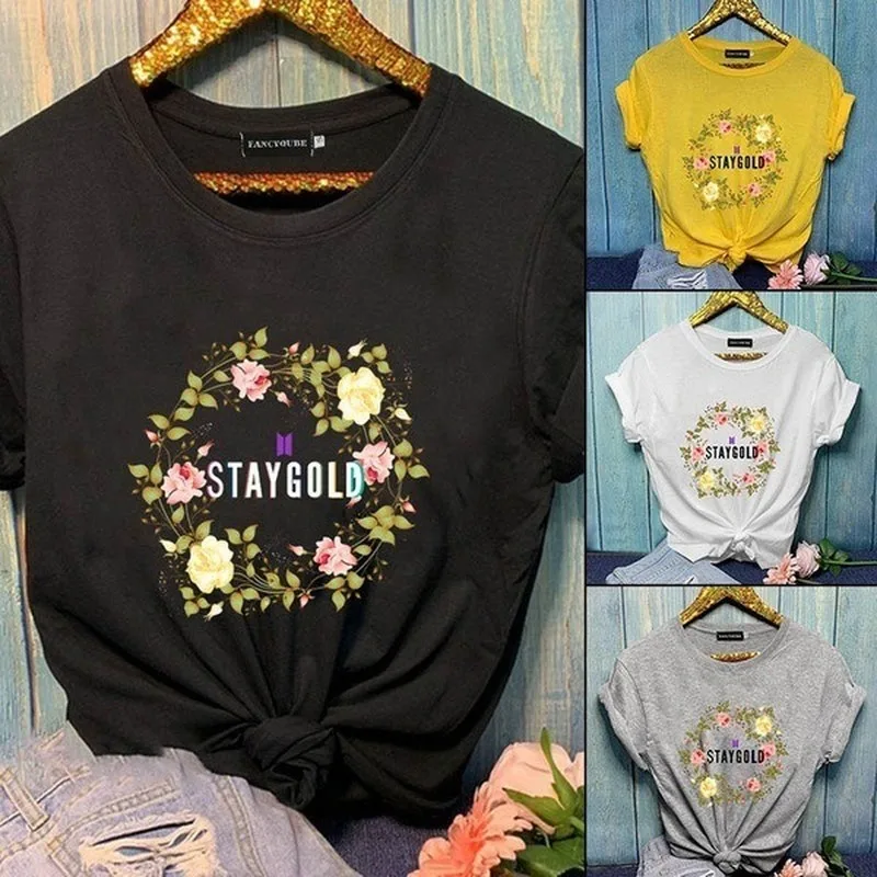 

Wreath Letter Print T Shirt Women Short Sleeve O Neck Loose Tshirt Summer Women Tee Shirt Tops Camisetas Mujer