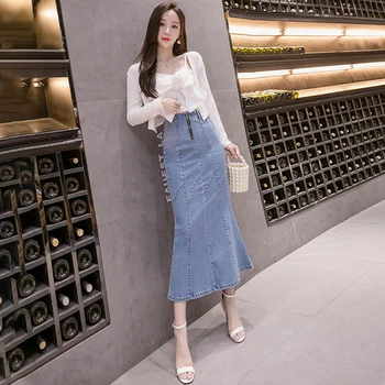 

Slim Mermaid Fish Tail Long Denim Maxi Skirt For Women High Waist Zipper Ankle Jeans Skrit Female Trumpet Denim Pencil Skirt