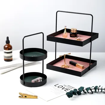 

2-layer Metal Storage Tray Jewelry Display Plate Cosmetic Sundries Organizer Tray with PU Leather Pad for Desktop Decor