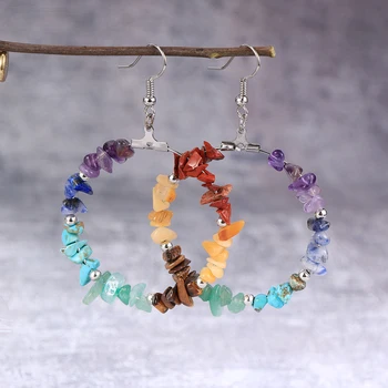 Women Natural Stone 7 Chakras Beads Dangling Earring Healing Reiki Asymmetric Chip Gravel Pierced Earrings Hoops Hanging Jewelry