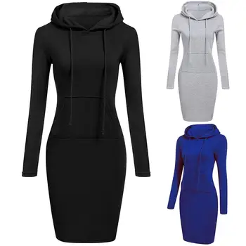 

Casual Solid Color Long Sleeve Bodycon Hoodies Women Hooded Knee Length Dress Women's solid color dress with a long hoodie