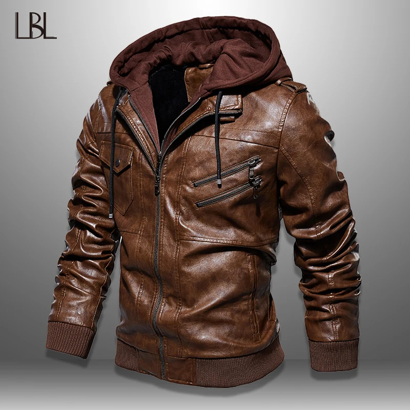 astounding  Mens PU Jackets Outwear Leather Hooded Biker Coat Men 2019 Cool Motorcycle Jacket Male Winter Autum