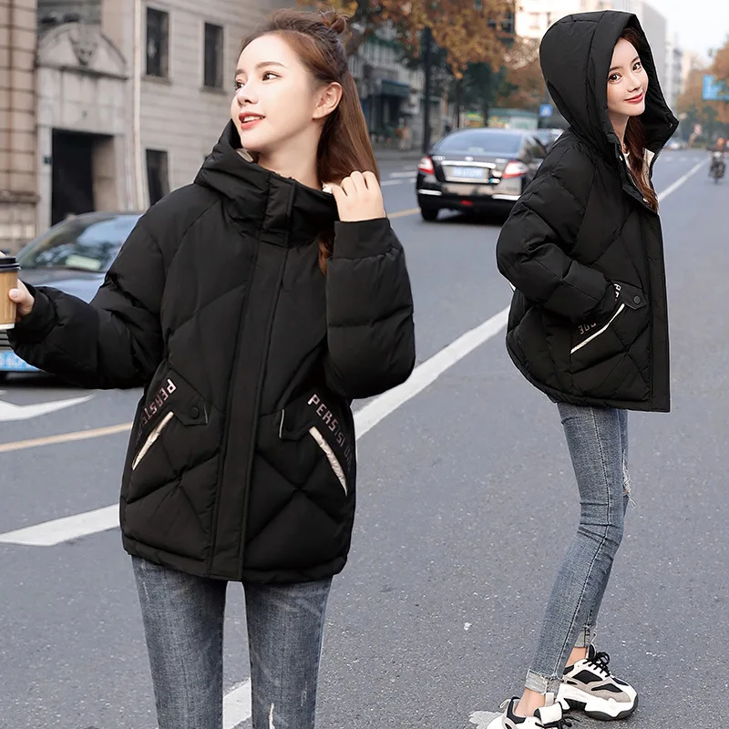 

2019 Winter New Products Korean-style Loose-Fit Characteristics Pocket Printed Lettered Hooded down Cotton WOMEN'S Cotton Padded
