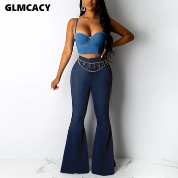 

Women Blue Flare Hem Jeans Woman Long Denim Trousers Vintage Pants Capris Fall Mid Waist Stretch Women Jeans