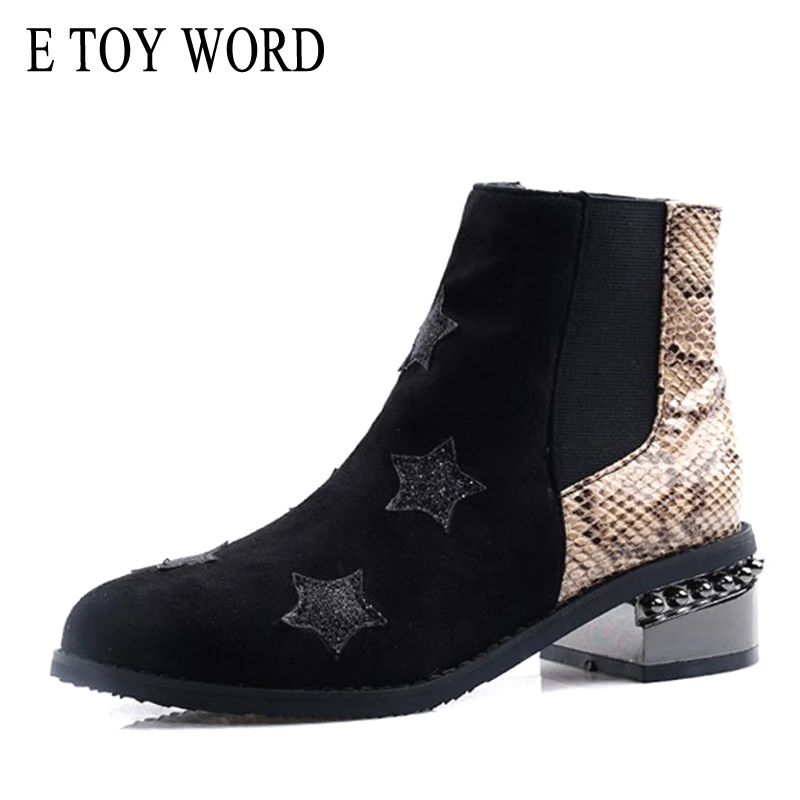 

E TOY WORD Martin boots women short boots patent leather flat single boots snake pattern Chelsea boots large size women shoes 43