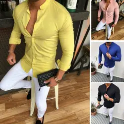 Belles chemises cintrées à col en V et manches longues pour hommes, haut décontracté à simple boutonnage, nouvelle collection 2022 