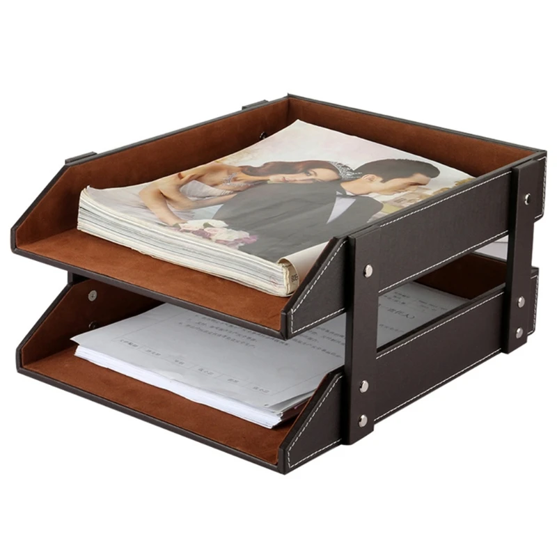 Magazine holder file organizer A4 Document File Organizer Tray Double Layers Desk PU Leather Paper Holder Magazine Rack Storage Holder Home School