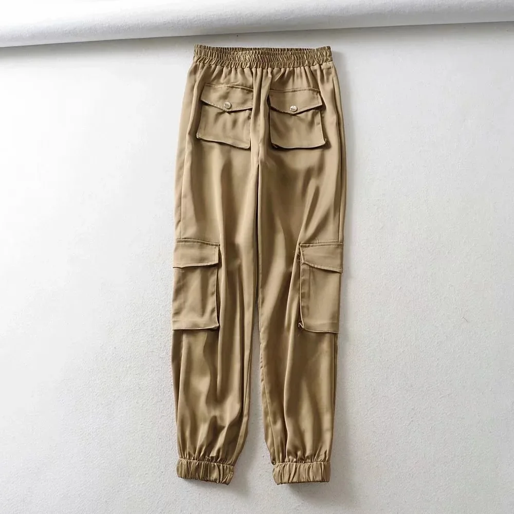 khaki Уличная одежда, атласные карманы, зеленые, черные, карго, для бега, женские шаровары, брюки, повседневные, женские, высокая талия, свободные, слаксы, Femme Pantalon - Цвет: khaki