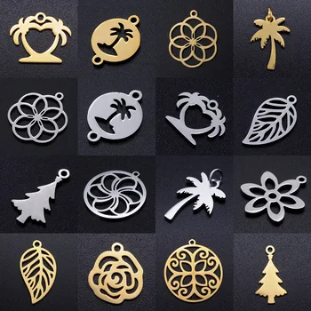 

5pcs/lot diy summer beach palm tree stainless steel charm pendant wholesale leaf flower rose jewelry bracelet connector charms
