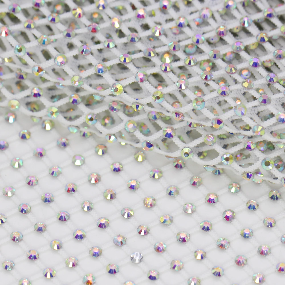 Блестящие стразы AB Crystal Эластичные Полые Стразы: ажурная белая/черная ткань для одежды Стекло с отделкой из кристаллов SS12/SS16 страз
