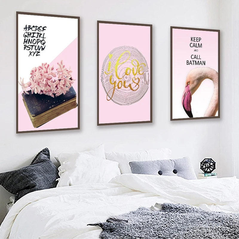 

Canvas Painting Poster Print Pink Flower and Bird Flamingo Love Quote Wall Art for Living Room Nordic Decoration Home Decor 2-63