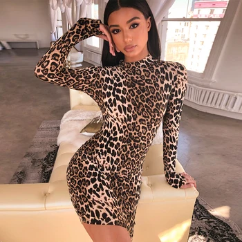 

Women Leopard Printed Dress Long Sleeve High Neck Sexy Bodycon Mini Dresses Summer Fashion Evening Party Dresses
