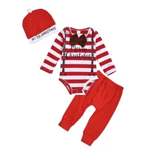 Комплект из 3 предметов; боди в полоску с длинными рукавами и галстуком-бабочкой для новорожденных мальчиков; топы; длинные штаны; шапка; комплект одежды на Рождество