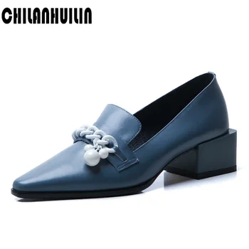 

genuine leather pumps brand high heels fashion style pumps women pointed toe chunky heels elegant ladies party dress office shoe