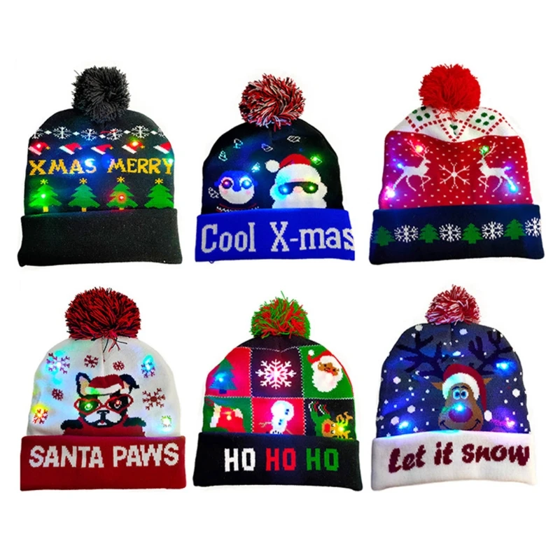

LED Light Up Christmas Beanie Hat Cartoon Santa Reindeer Knitted Warm Skull Cap 649C