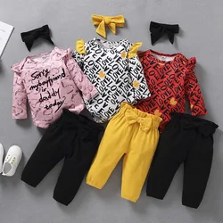 Vêtements d'automne et d'hiver pour bébés filles, ensemble de salon, haut à manches longues, Floral, avec nœud, pantalons longs, 3 6 9 12 mois 