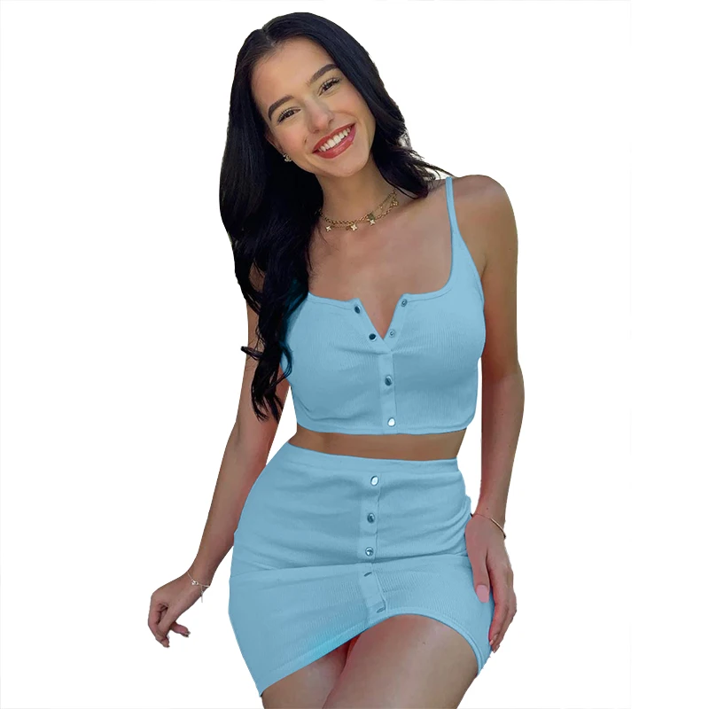 Hugcitar 2020 sleeveless buttons sexy crop top skirt 2 pieces set summer women fashion streetwear outfits tracksuit