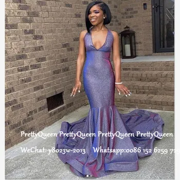 

Newest Sequined Mermaid Evening Dress Long Chapel Train 2020 African Women Deep V Neck Formal Prom Dresses Robe De Soiree