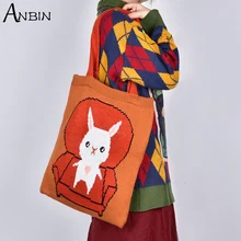 

Winter Women Knitting Shoulder Bag College Style Crochet Woolen Open Shopper Top-handle Bag Female Daily Shopping Handbag Tote