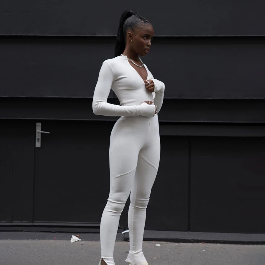 

2020 Female Tracksuit New Fitness Romper Woman Black white Sexy Bodycon Jumpsuit Long Sleeve Zipper Elastic Bodysuit Body Mujer