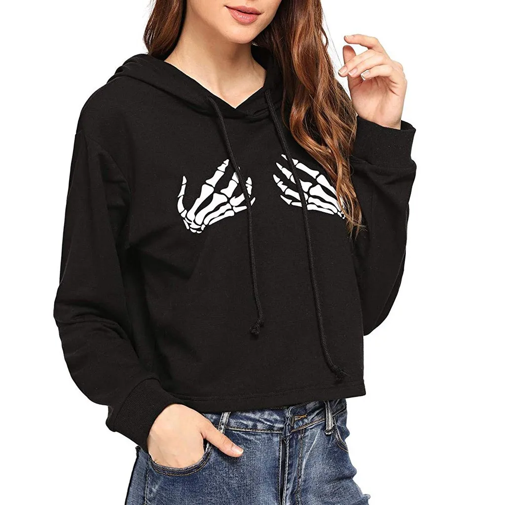 JAYCOSIN Fashion Women Casual Simple Sweatshirt Halloween Ghost Claw Print Long Sleeve Comfortable Popular Soft Crop Top Hoodie