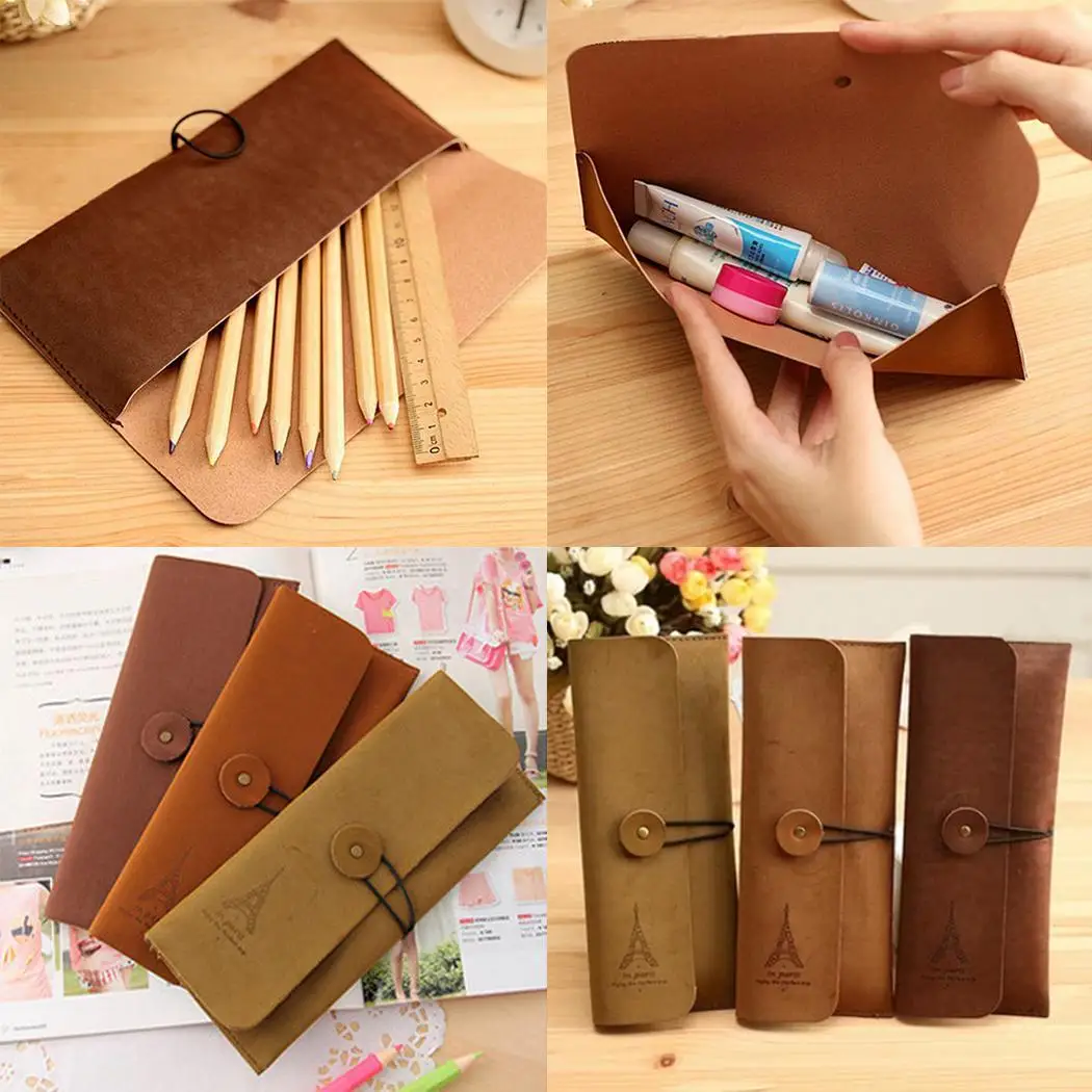 New Students Retro Style Button Organize Solid Rectangular Brown, Dark brown, Coffee Pencil Pen Bag