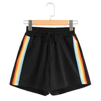 

Casual fashion Womens Spring and summer Cotton Striped Mid Waist Loose Shorts Drawstring Waist Ringer sport h4