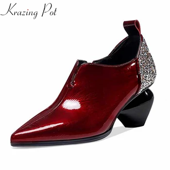 

Krazing pot genuine leather zipper pointed toe strange style high heels sequined cloth bling decorations Autumn winter pumps L13