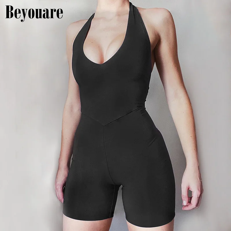 

Beyouare sexy hanging neck backless bandage skinny sports women playsuit 2020 summer casual solid fitness clubwear lady bodysuit