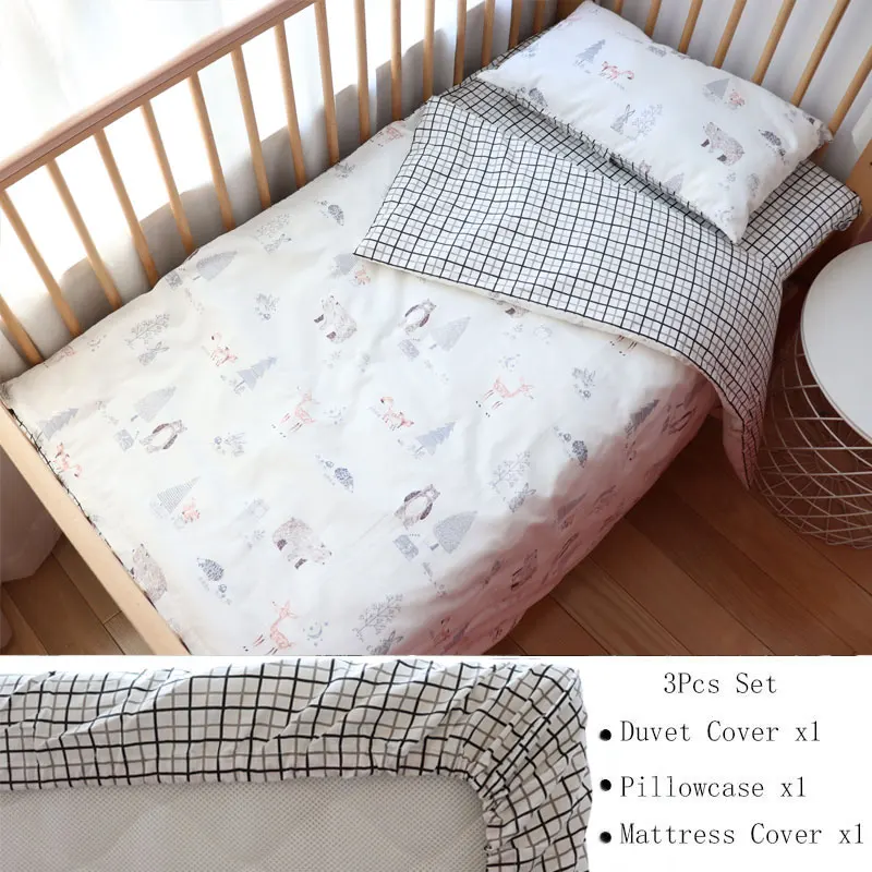 ForestBear3Pcs Cover Baby Bedding Set For Boy Girl Nordic Cotton Baby Bed Linen For Newborns Kids Crib Bedding With Bumper Cot Kit Allow Custom Size - Цвет: ForestBear3Pcs Cover