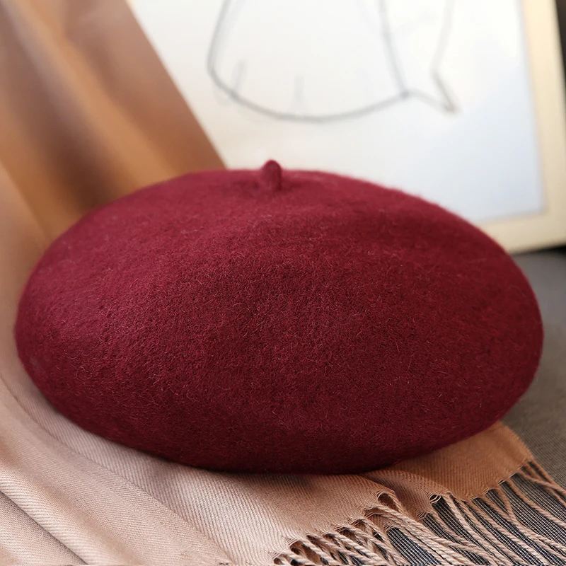 Wine red Леди Весна и осень и зима берет живописца стиль шляпа Женская Шерсть Ретро берет одноцветная шляпа - Цвет: Wine red