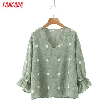 

Tangada women retro dot emebroidery green blouse long sleeve chic female casual loose shirt blusas femininas SL246