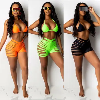 

Summer Women Bikini Set Solid Black Orange Green Women Swimming Suit Swimwear Crevice Crack Shorts Women Bathing Suits