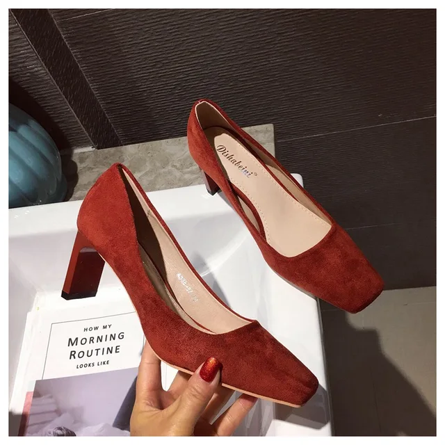 Square High Heels Shoes Woman 2020 Autumn Flock Faux Suede Square Toe Black Heels Women's Shoes Office Ladies Female Pumps Shoes Red